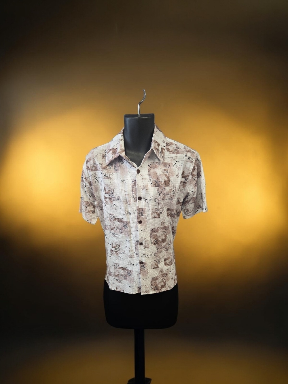 PRONTI MENS MOCHA, WHITE, GRAY CRINKLE SHORT SLEEVE ABSTRACT PRINT SHIRT. S1946